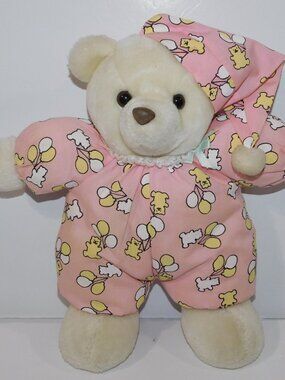 VTG 90's Emson Glow in Dark Teddy Bear Plush Pink Pj's Balloon Stuffed 12"